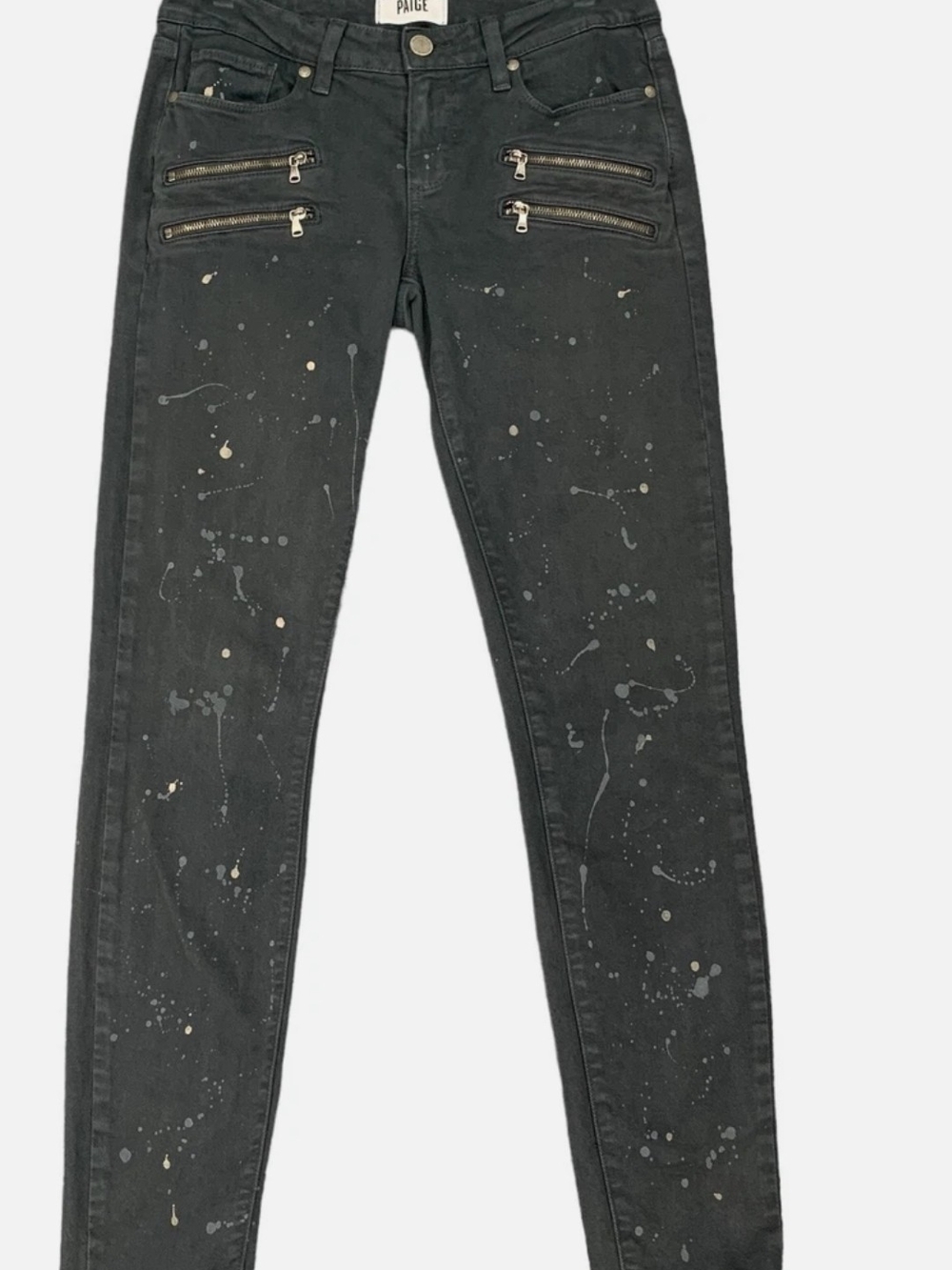 PAIGE Black Skinny Jeans with Paint-Splatter and Zip Accents